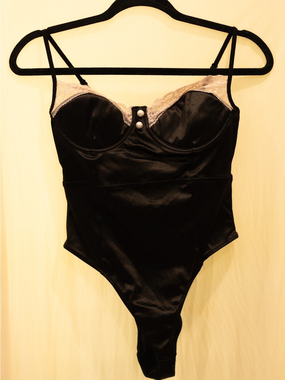 Forever 21 Black Satin Lace-Trim Bodysuit with Pearl Buttons